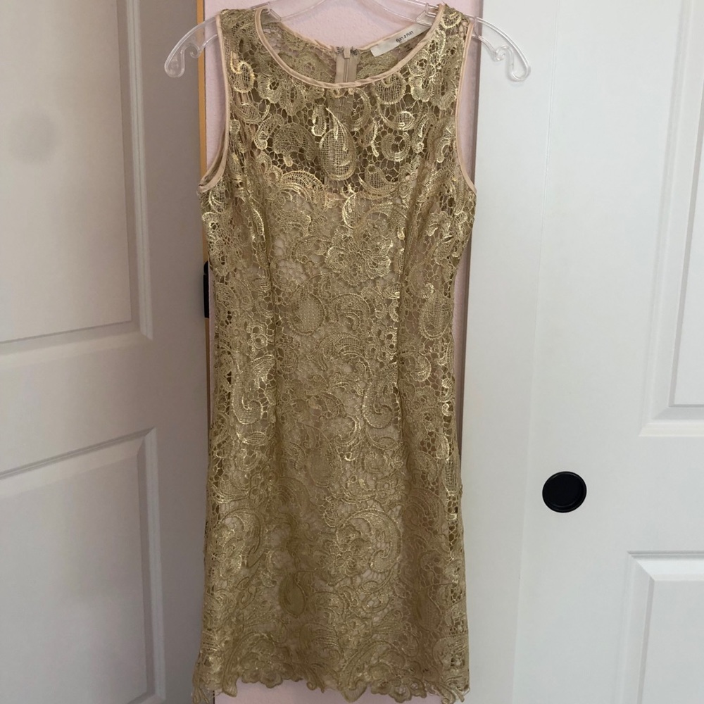 Gold lace embroidered cocktail shift dress